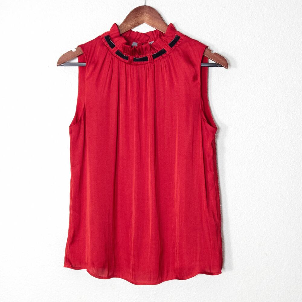 Talbots Blouse Size Small Red Sleeveless Ruffle Neck Belted Party Top